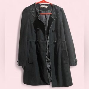 Black Double-Breasted Wool Blend Coat with Embroidered Collar
